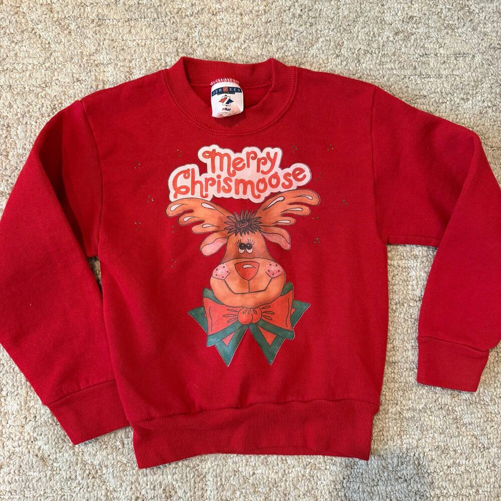 Vintage 80s/90s Jerzees Merry Chrismoose Graphic Crewneck Red Retro size 6-8 Y